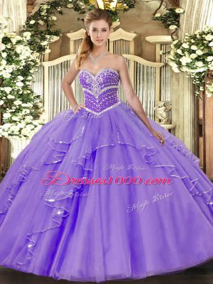 Low Price Floor Length Lavender Quinceanera Dresses Tulle Sleeveless Beading and Ruffles