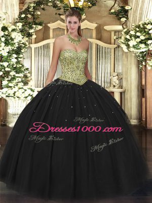 Black Tulle Lace Up Quinceanera Dress Sleeveless Floor Length Beading