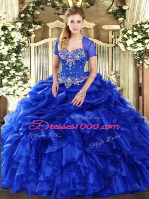 Sleeveless Floor Length Beading and Ruffles and Pick Ups Lace Up Sweet 16 Quinceanera Dress with Royal Blue