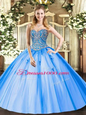 Glorious Floor Length Blue 15th Birthday Dress Tulle Sleeveless Beading and Appliques