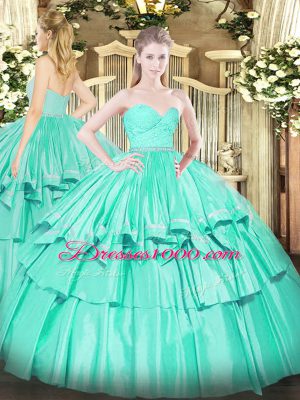 Captivating Turquoise Organza Zipper 15 Quinceanera Dress Sleeveless Floor Length Beading and Lace and Ruffled Layers