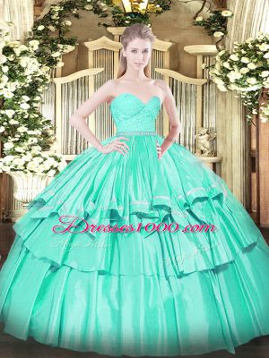 Captivating Turquoise Organza Zipper 15 Quinceanera Dress Sleeveless Floor Length Beading and Lace and Ruffled Layers