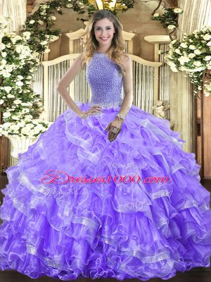 Cheap Lavender Ball Gowns High-neck Sleeveless Organza Floor Length Lace Up Beading and Ruffled Layers Quinceanera Gowns