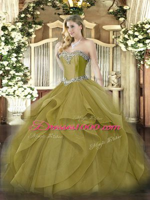 Colorful Olive Green Ball Gowns Tulle Sweetheart Sleeveless Beading and Ruffles Floor Length Lace Up Quince Ball Gowns