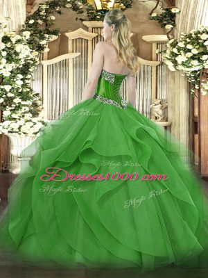 Colorful Olive Green Ball Gowns Tulle Sweetheart Sleeveless Beading and Ruffles Floor Length Lace Up Quince Ball Gowns