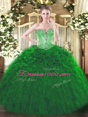 Glorious Dark Green Vestidos de Quinceanera Sweet 16 and Quinceanera with Beading and Ruffles Sweetheart Sleeveless Lace Up