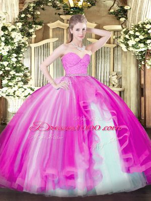 Floor Length Fuchsia Quinceanera Gown Tulle Sleeveless Beading and Lace and Ruffles