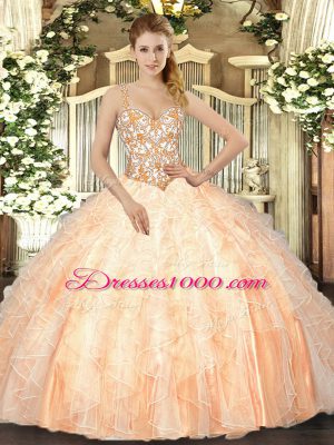 Peach Sleeveless Floor Length Beading and Ruffles Lace Up Quinceanera Dress