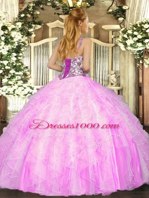 Peach Sleeveless Floor Length Beading and Ruffles Lace Up Quinceanera Dress