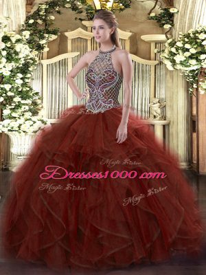 Gorgeous Rust Red Ball Gowns Halter Top Sleeveless Organza Floor Length Lace Up Beading and Ruffles Vestidos de Quinceanera