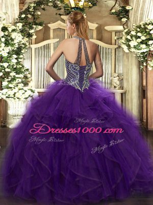 Gorgeous Rust Red Ball Gowns Halter Top Sleeveless Organza Floor Length Lace Up Beading and Ruffles Vestidos de Quinceanera