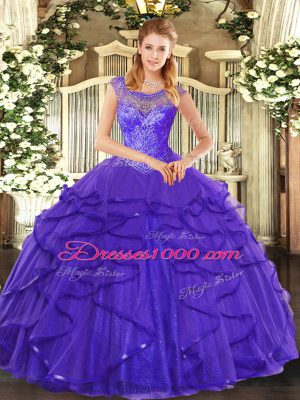 Custom Design Blue Sleeveless Beading and Ruffles Floor Length Sweet 16 Quinceanera Dress