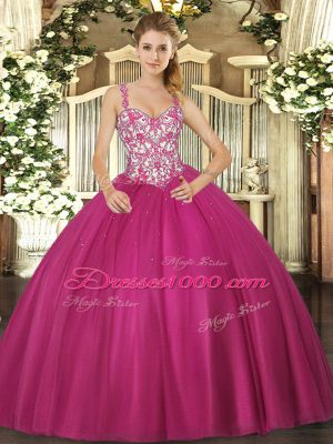 Exquisite Straps Sleeveless Lace Up Sweet 16 Dress Fuchsia Tulle