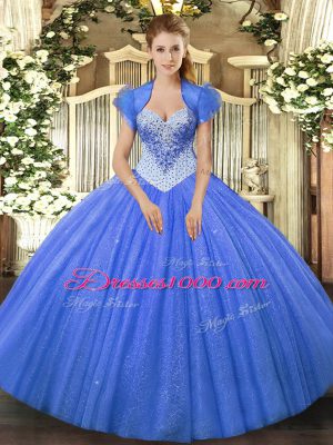 Fantastic Blue Tulle Lace Up Sweetheart Sleeveless Floor Length Sweet 16 Quinceanera Dress Beading
