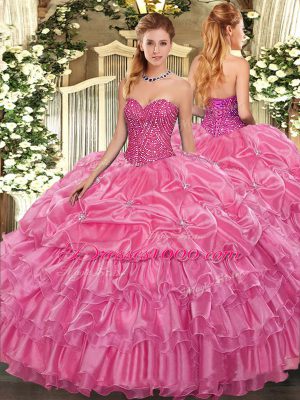Rose Pink Lace Up Quinceanera Gowns Beading and Ruffled Layers and Pick Ups Sleeveless Floor Length
