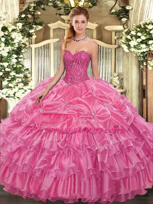 Rose Pink Lace Up Quinceanera Gowns Beading and Ruffled Layers and Pick Ups Sleeveless Floor Length