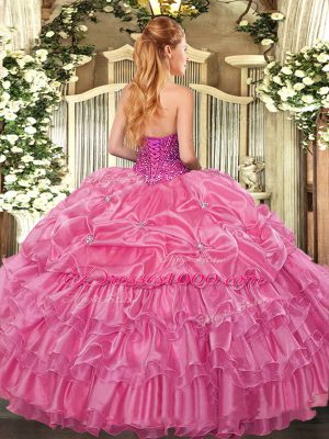 Rose Pink Lace Up Quinceanera Gowns Beading and Ruffled Layers and Pick Ups Sleeveless Floor Length