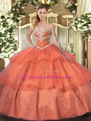 Classical Sleeveless Tulle Floor Length Lace Up Vestidos de Quinceanera in Orange Red with Beading and Ruffled Layers