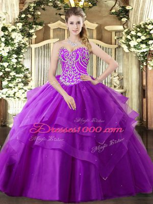 Luxurious Purple Sleeveless Tulle Lace Up Quinceanera Dress for Military Ball and Sweet 16 and Quinceanera