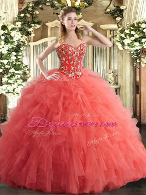 Superior Watermelon Red Sweetheart Lace Up Embroidery and Ruffles Sweet 16 Dress Sleeveless