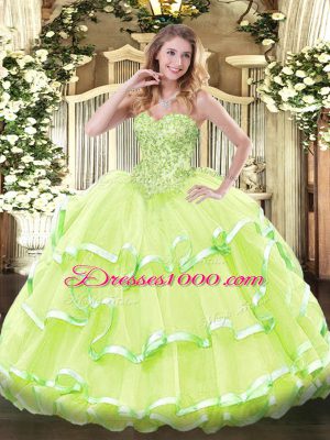 Fabulous Yellow Green Sweetheart Neckline Appliques and Ruffled Layers Sweet 16 Dress Sleeveless Lace Up