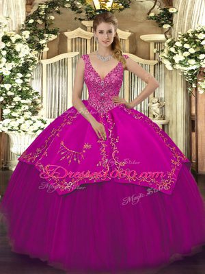 Clearance V-neck Sleeveless Zipper 15th Birthday Dress Fuchsia Taffeta and Tulle