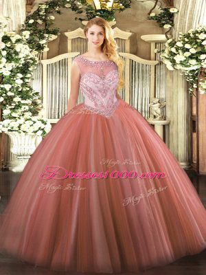 Top Selling Floor Length Red Sweet 16 Quinceanera Dress Tulle Sleeveless Beading