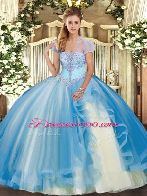 Strapless Sleeveless Tulle Ball Gown Prom Dress Appliques and Ruffles Lace Up