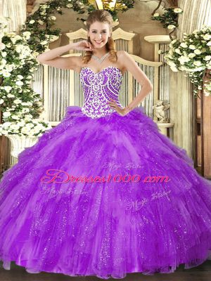 Lavender Lace Up Sweetheart Beading and Ruffles Sweet 16 Quinceanera Dress Tulle Sleeveless
