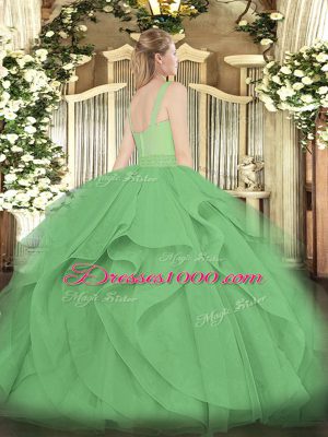 Teal Zipper Straps Beading and Ruffles 15th Birthday Dress Tulle Sleeveless