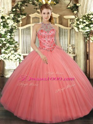 Sleeveless Tulle Floor Length Lace Up Quinceanera Dress in Watermelon Red with Beading and Embroidery