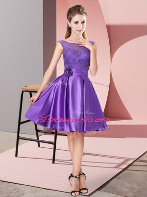 Charming Lace and Hand Made Flower Casual Dresses Purple Zipper Sleeveless Knee Length