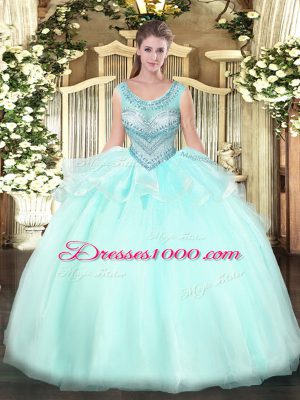 High Quality Aqua Blue Sleeveless Organza Lace Up Sweet 16 Dress for Military Ball and Sweet 16 and Quinceanera