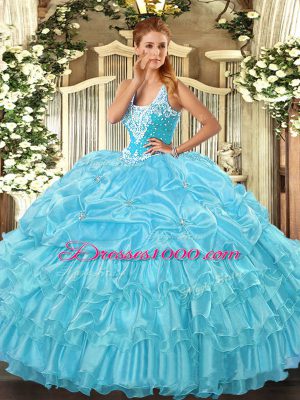Latest Aqua Blue Ball Gowns Straps Sleeveless Organza Floor Length Lace Up Beading and Ruffled Layers and Pick Ups Quinceanera Dress