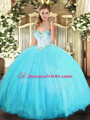 Popular Floor Length Ball Gowns Sleeveless Aqua Blue Quinceanera Dress Lace Up