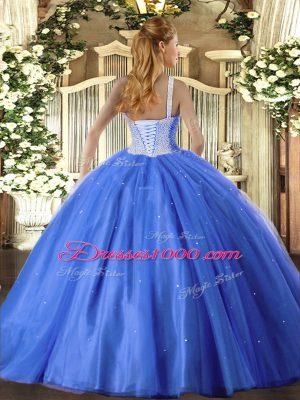 Blue Sleeveless Beading Floor Length Ball Gown Prom Dress
