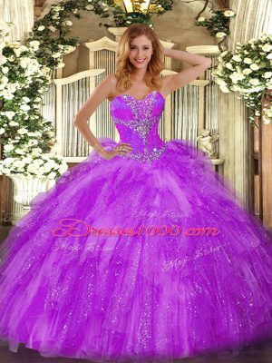 Eggplant Purple Organza Lace Up Quinceanera Dresses Sleeveless Floor Length Beading and Ruffles