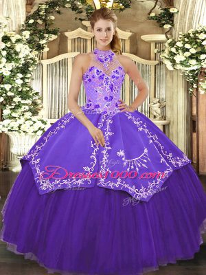 Purple Ball Gowns Halter Top Sleeveless Satin and Tulle Floor Length Lace Up Beading and Embroidery 15th Birthday Dress