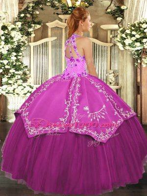 Purple Ball Gowns Halter Top Sleeveless Satin and Tulle Floor Length Lace Up Beading and Embroidery 15th Birthday Dress