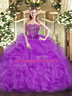 Floor Length Ball Gowns Sleeveless Purple Quince Ball Gowns Lace Up