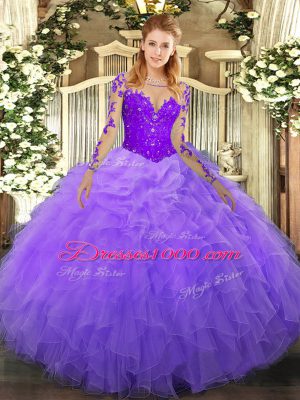 Floor Length Lavender Quinceanera Dress Organza Long Sleeves Lace and Ruffles