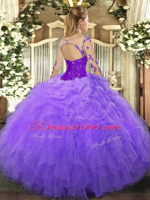 Floor Length Lavender Quinceanera Dress Organza Long Sleeves Lace and Ruffles