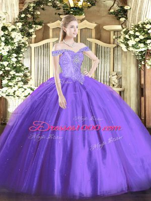 Lavender Ball Gowns Off The Shoulder Sleeveless Tulle Floor Length Lace Up Beading Quince Ball Gowns