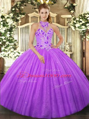 Floor Length Lavender Quinceanera Gowns Halter Top Sleeveless Lace Up