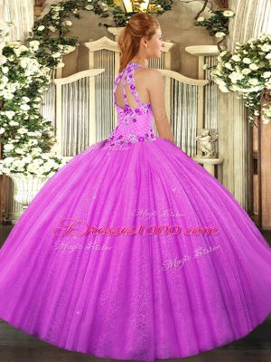 Floor Length Lavender Quinceanera Gowns Halter Top Sleeveless Lace Up