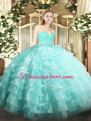 Sweetheart Sleeveless Tulle Ball Gown Prom Dress Beading and Lace and Ruffled Layers Zipper