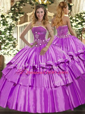 Discount Lilac Ball Gowns Beading and Ruffled Layers Sweet 16 Dress Lace Up Organza and Taffeta Sleeveless Floor Length