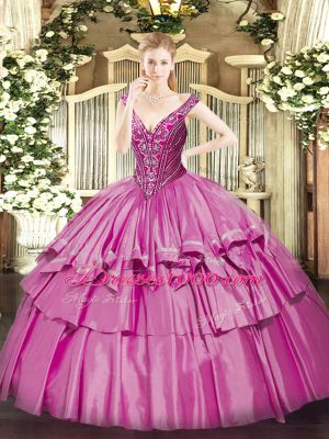 Lilac Ball Gowns V-neck Sleeveless Organza and Taffeta Floor Length Lace Up Beading and Ruffled Layers Quinceanera Dresses