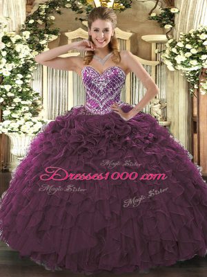 Glittering Sweetheart Sleeveless Quinceanera Gowns Floor Length Beading and Ruffled Layers Burgundy Tulle