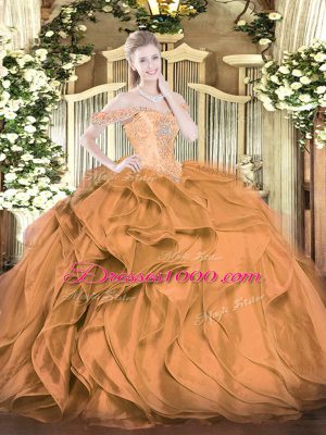 Custom Made Floor Length Brown Sweet 16 Quinceanera Dress Off The Shoulder Sleeveless Lace Up